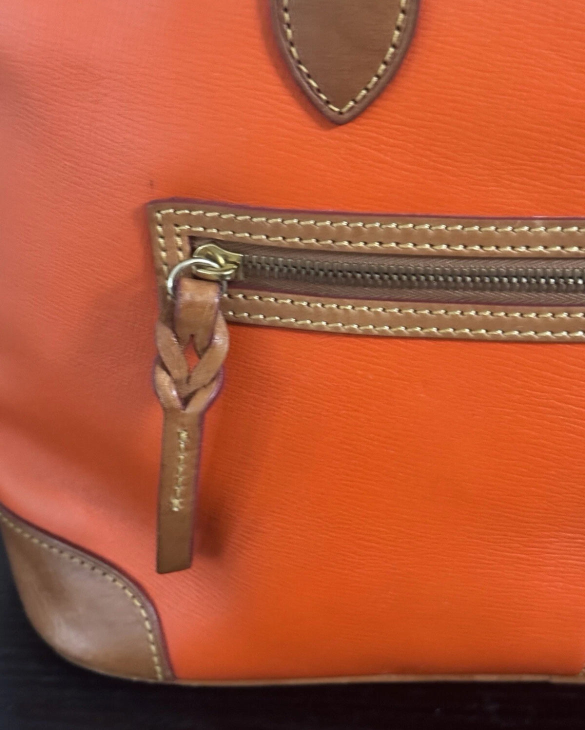 Preowned VINTAGE Dooney & Bourke Tote Bag Purse Saffiano Tassel Orange w/ Brown Trim