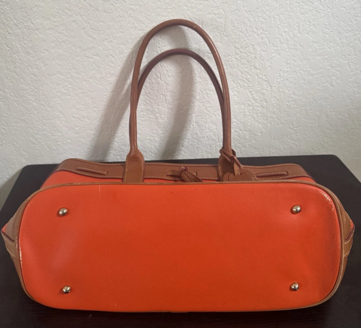 Preowned VINTAGE Dooney & Bourke Tote Bag Purse Saffiano Tassel Orange w/ Brown Trim