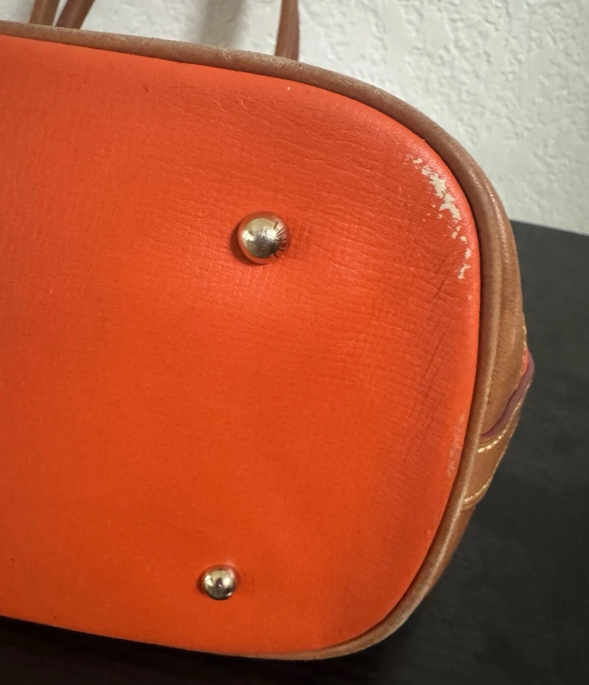 Preowned VINTAGE Dooney & Bourke Tote Bag Purse Saffiano Tassel Orange w/ Brown Trim