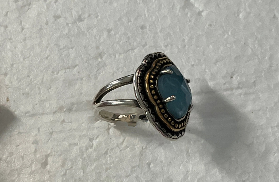 Preowned James Avery Retired Silver and Bronze Blue Stone Heirloom Ring Size 9