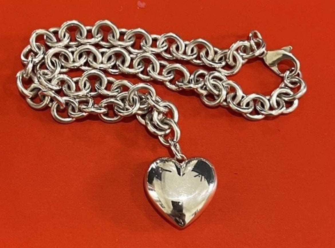 Preowned Tiffany & Co. Sterling Silver Chain Link Puffy Heart Necklace HEAVY 16”