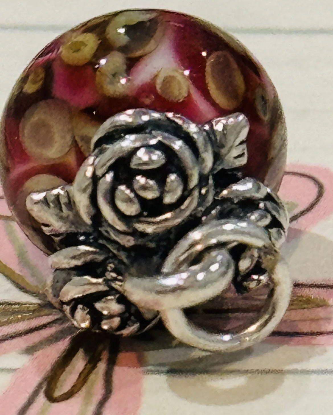 Preowned James Avery Retired Hard To Find Rose Finial With Red Blossoms Glass Art Finial
