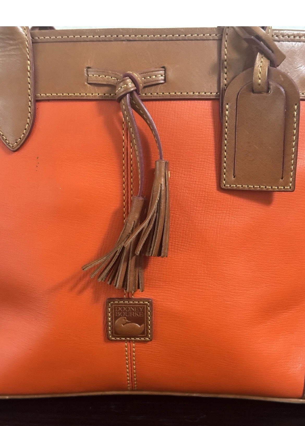 Preowned VINTAGE Dooney & Bourke Tote Bag Purse Saffiano Tassel Orange w/ Brown Trim