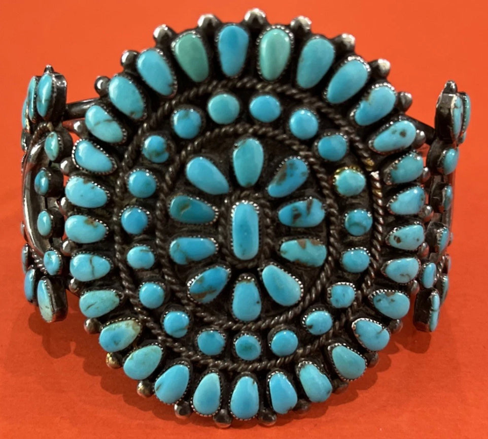 AUTHENTIC Native American Sterling Silver Zuni Turquoise Cluster Cuff
