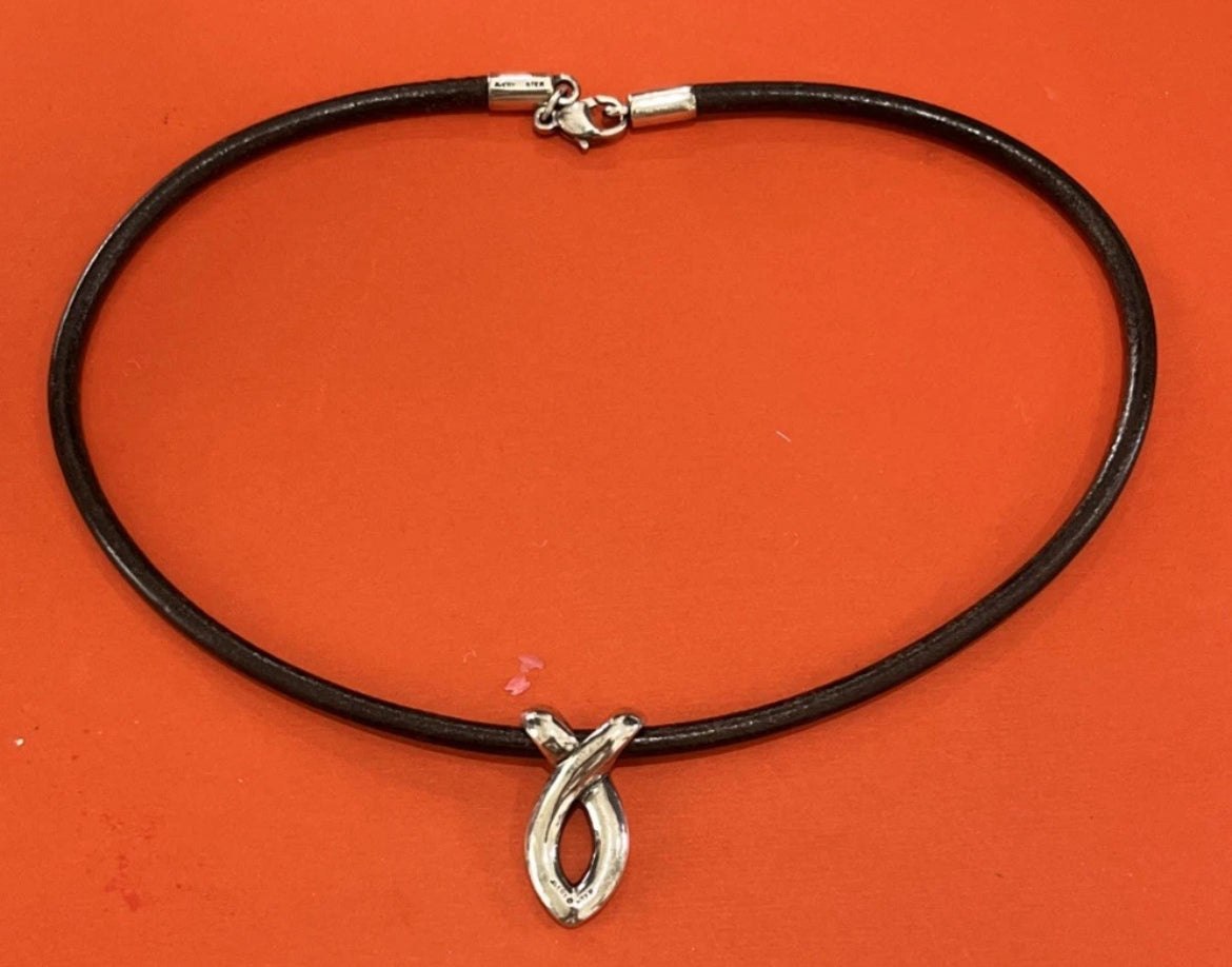 Preowned James Avery Retired Leather And Silver Ichthus On Cord 16”