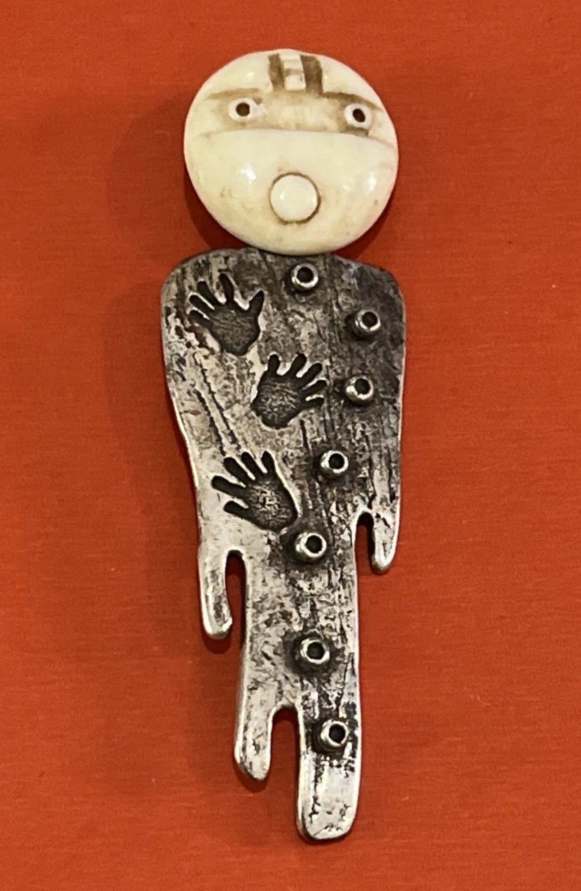 Preowned Extremely Rare Authentic Native American Silver Bonehead Kachina Figure Carved Brooch Pin