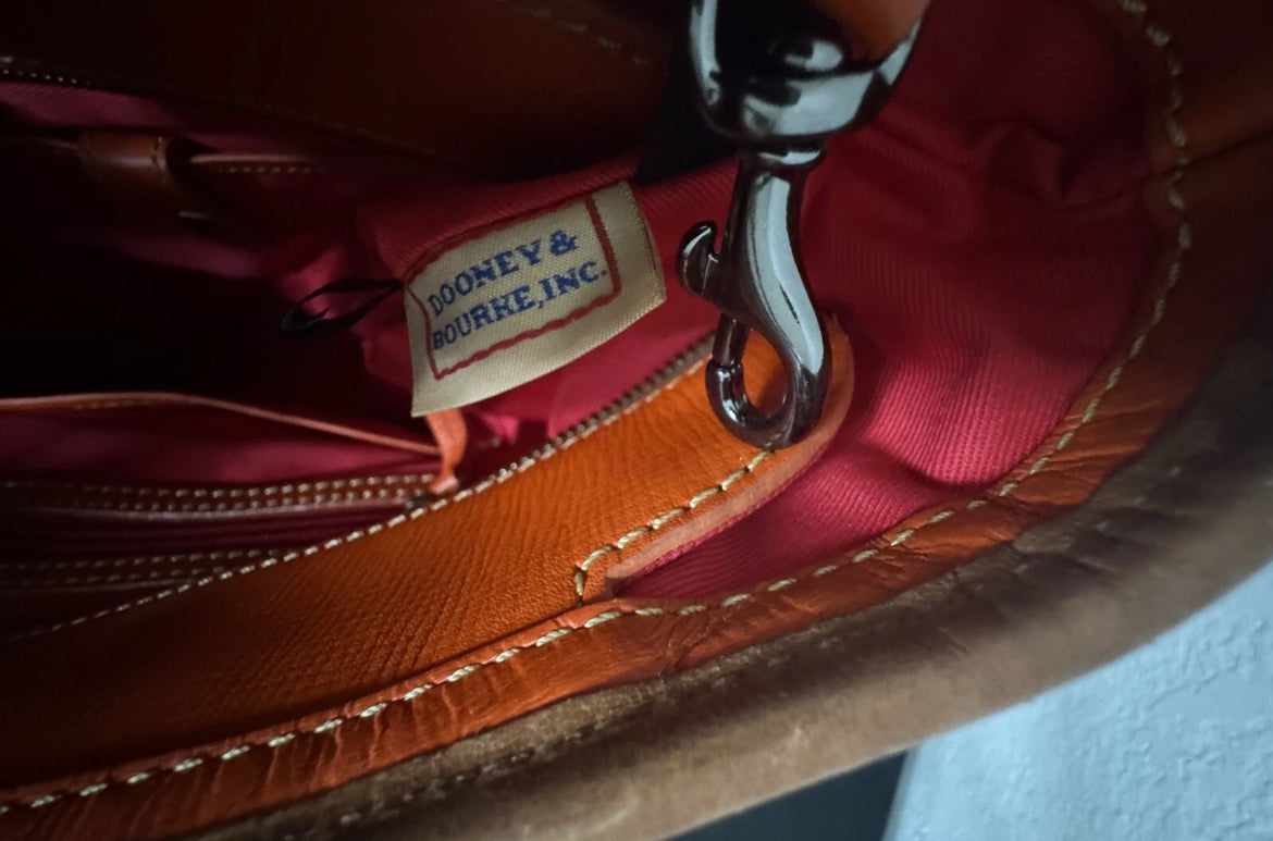 Preowned VINTAGE Dooney & Bourke Tote Bag Purse Saffiano Tassel Orange w/ Brown Trim