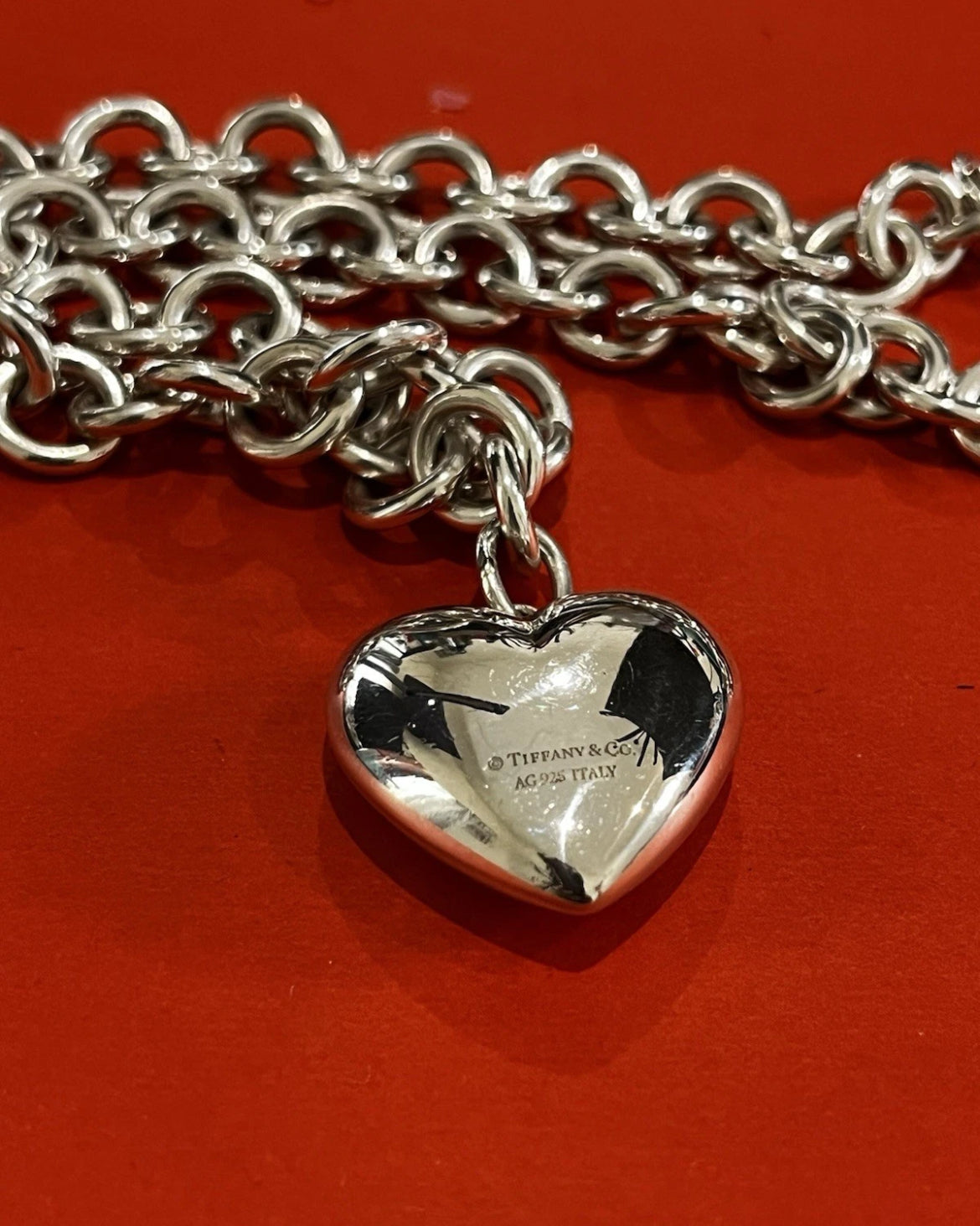 Preowned Tiffany & Co. Sterling Silver Chain Link Puffy Heart Necklace HEAVY 16”