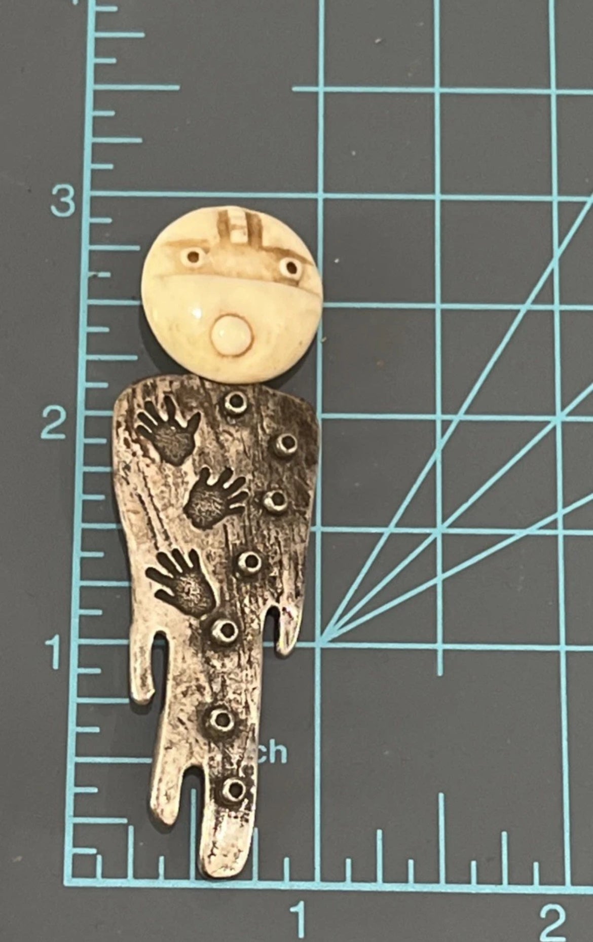 Extremely Rare Authentic Native American Silver Bonehead Kachina Figure Carved Brooch Pin
