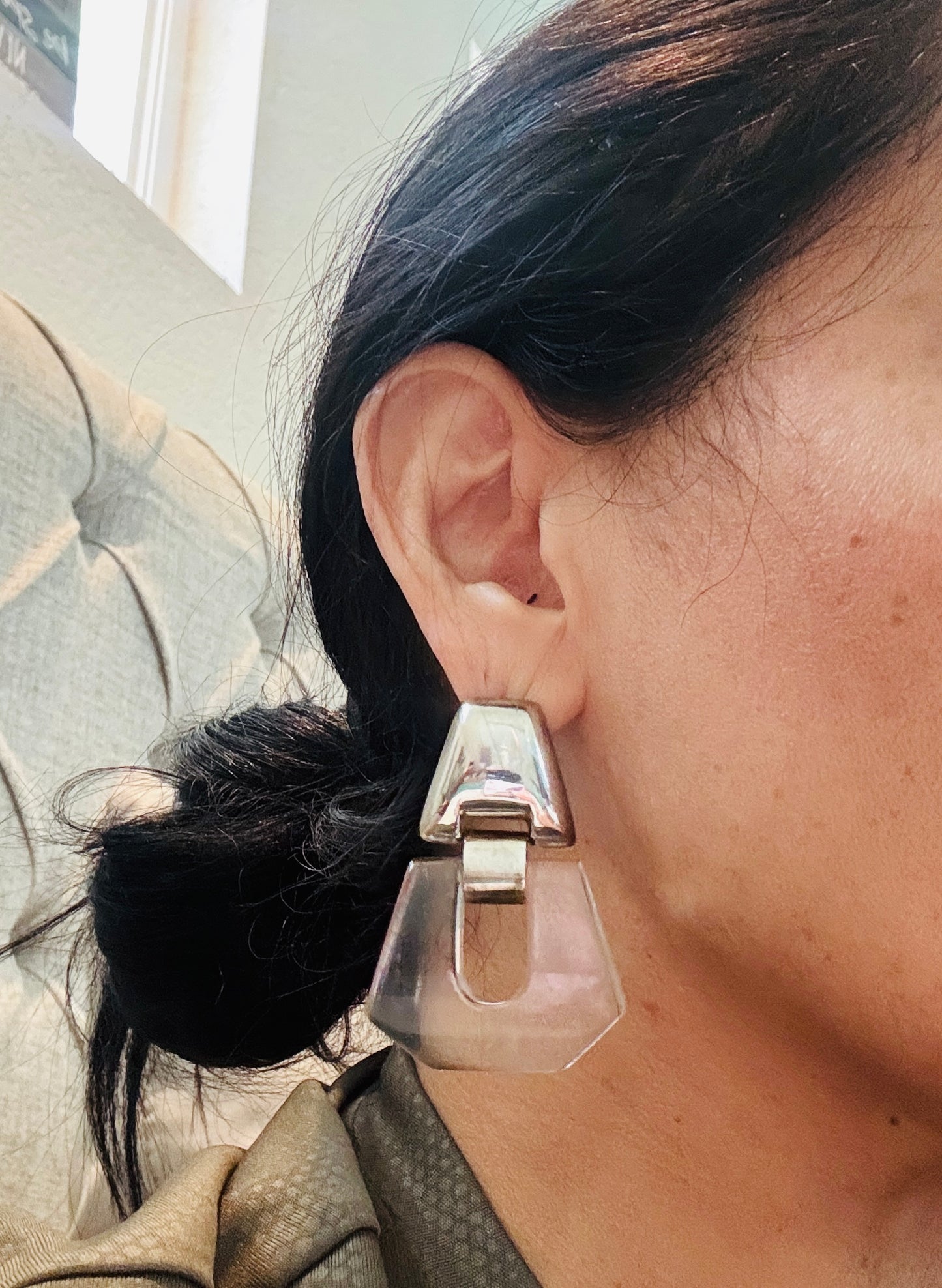 Vintage Rare Bayanihan Sterling Silver & Lucite Post Earrings 18.2g – Signed 925 – 1980s Modernist Statement Earrings