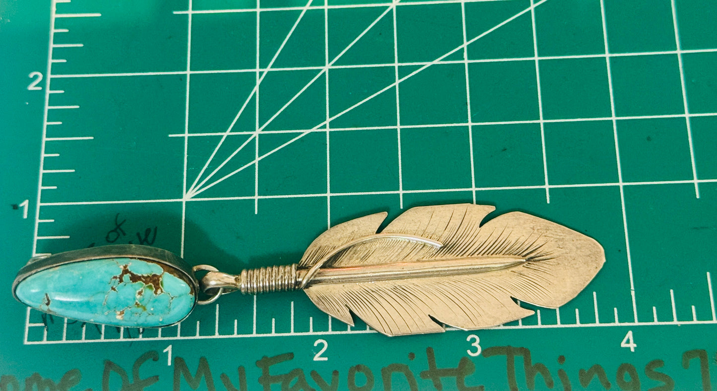 Vintage Navajo Eddie Garcia Feather Pendant – Kingman Turquoise – Sterling Silver 4” – 17.8g