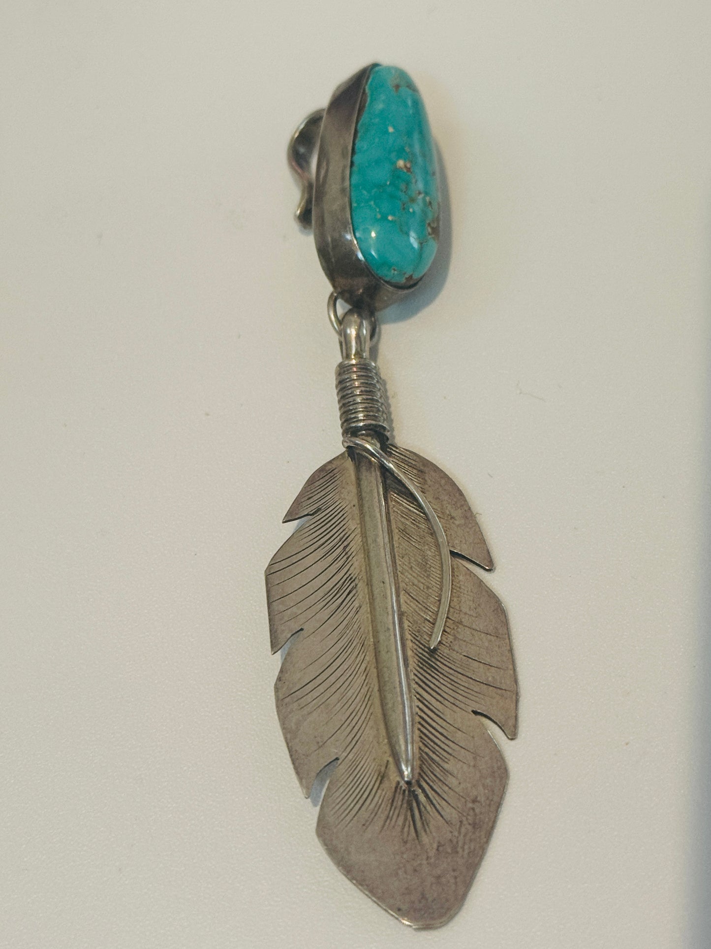 Vintage Navajo Eddie Garcia Feather Pendant – Kingman Turquoise – Sterling Silver 4” – 17.8g