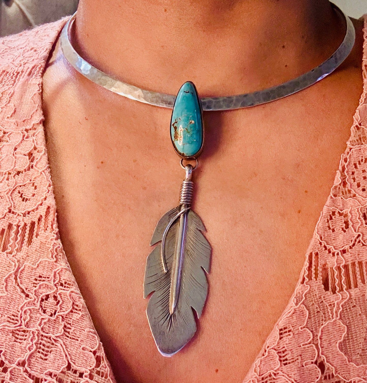Vintage Navajo Eddie Garcia Feather Pendant – Kingman Turquoise – Sterling Silver 4” – 17.8g