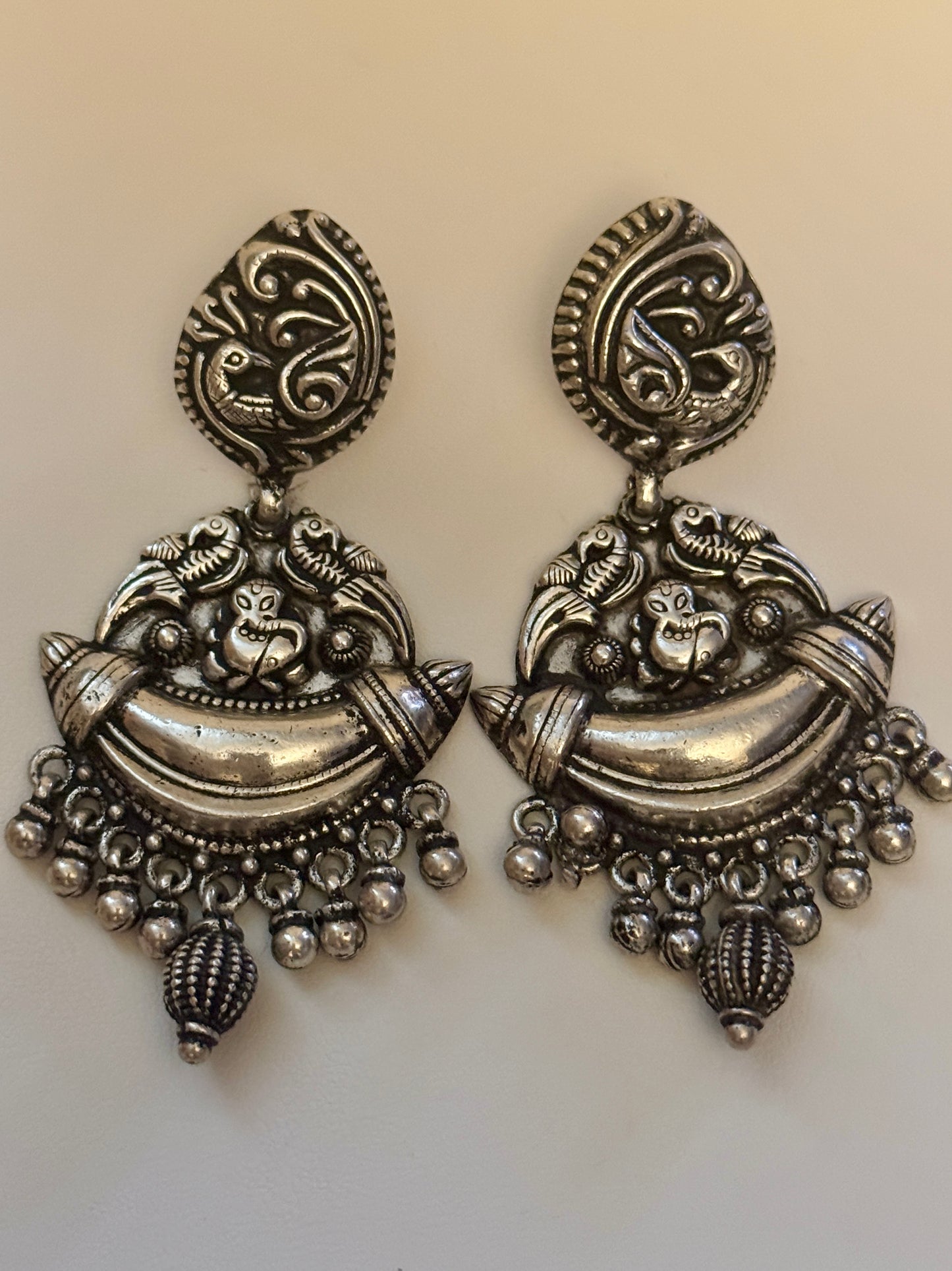 Vintage Sterling Silver Peacock Beaded Motif Earrings STUNNING!! 37.3 grams