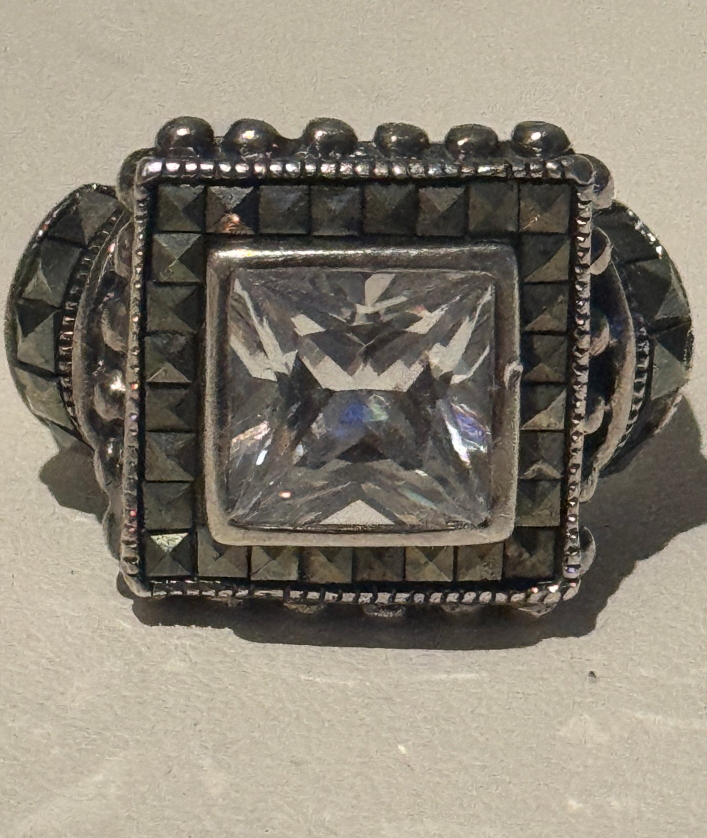 925 Sterling Silver Vintage Marcasite Gem & CZ Square Ring Size 7