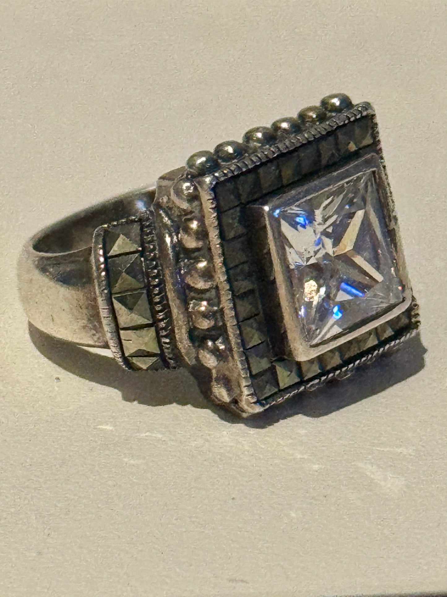 925 Sterling Silver Vintage Marcasite Gem & CZ Square Ring Size 7