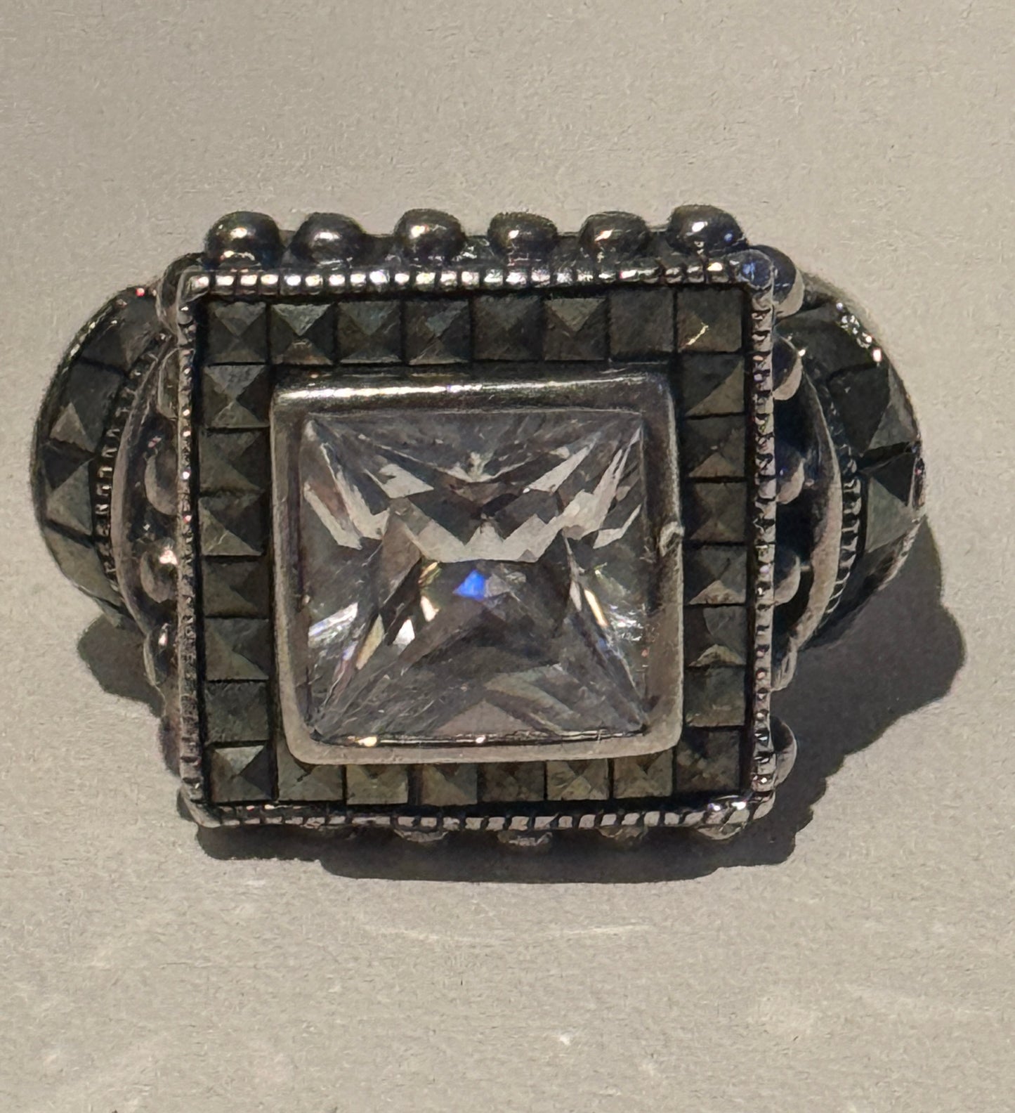 925 Sterling Silver Vintage Marcasite Gem & CZ Square Ring Size 7