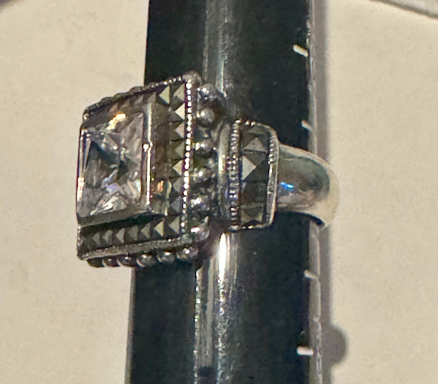 925 Sterling Silver Vintage Marcasite Gem & CZ Square Ring Size 7