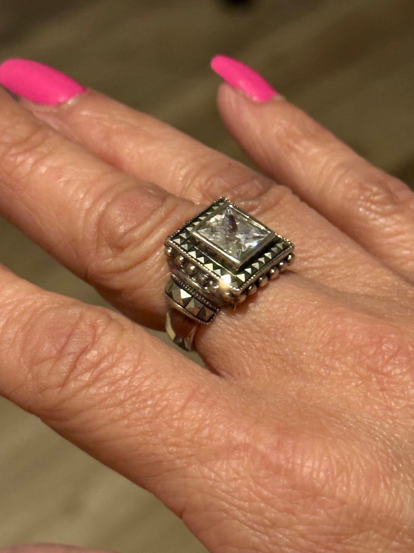 925 Sterling Silver Vintage Marcasite Gem & CZ Square Ring Size 7