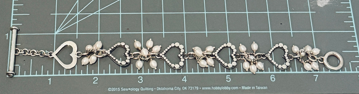 Vintage Lori Bonn Sterling Silver Freshwater Pearl Heart Link Toggle Bracelet 7.5
