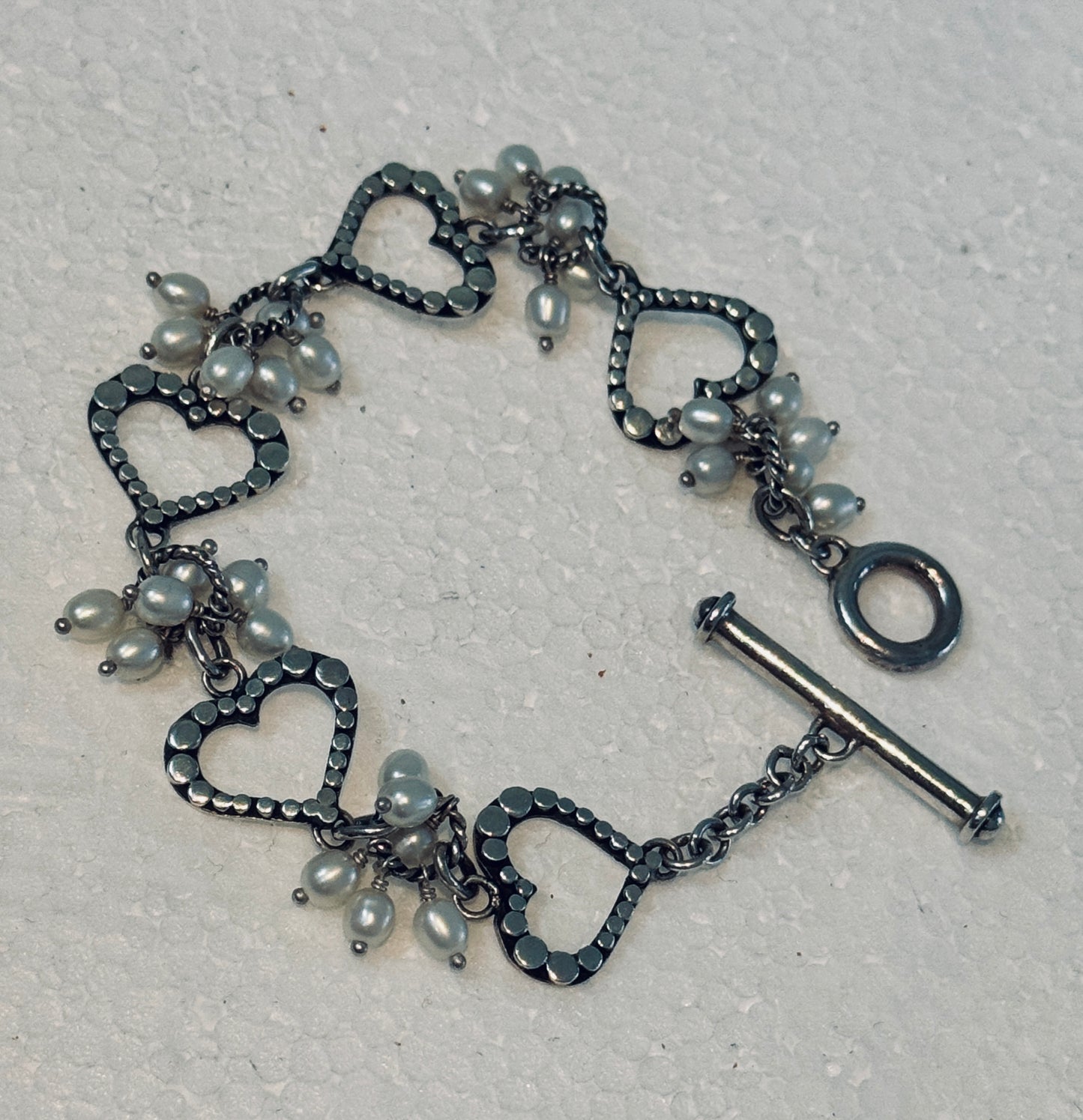 Vintage Lori Bonn Sterling Silver Freshwater Pearl Heart Link Toggle Bracelet 7.5
