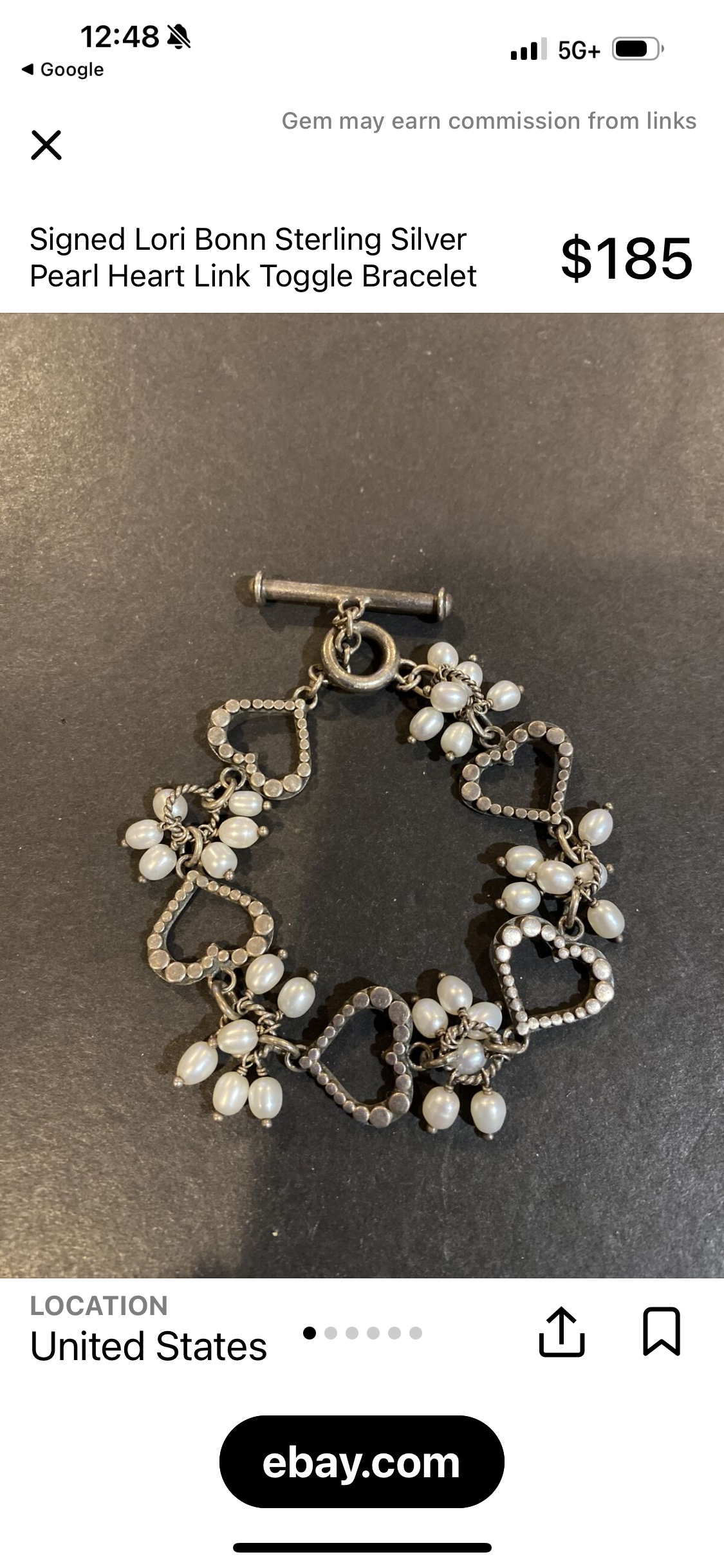 Vintage Lori Bonn Sterling Silver Freshwater Pearl Heart Link Toggle Bracelet 7.5