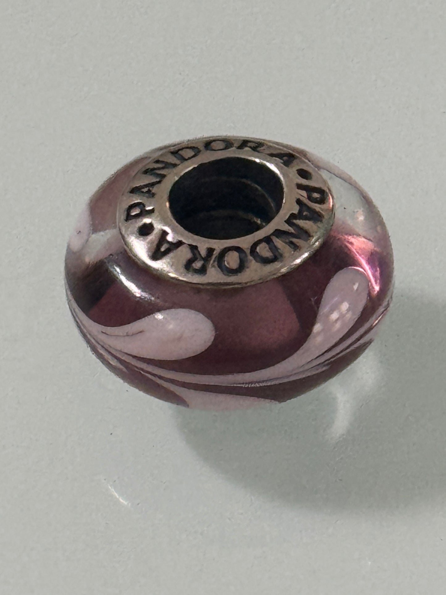 Pre Owned Retired Authentic Pandora Purple Pink Swirl Silver Murano Glass Charm #790677