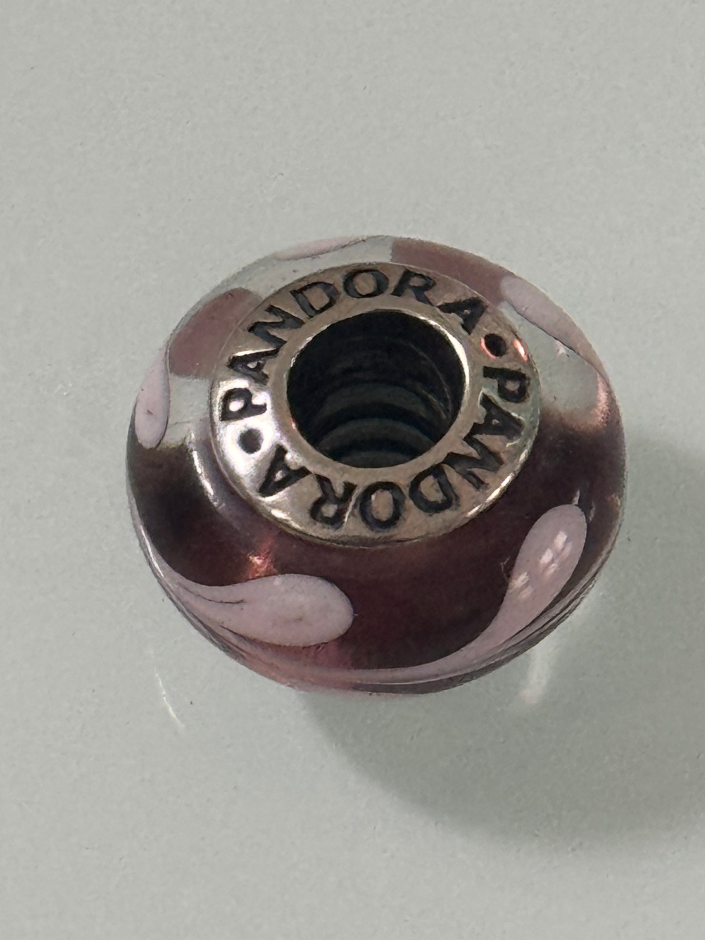 Pre Owned Retired Authentic Pandora Purple Pink Swirl Silver Murano Glass Charm #790677