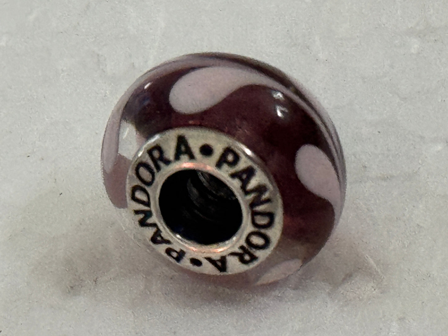 Pre Owned Retired Authentic Pandora Purple Pink Swirl Silver Murano Glass Charm #790677
