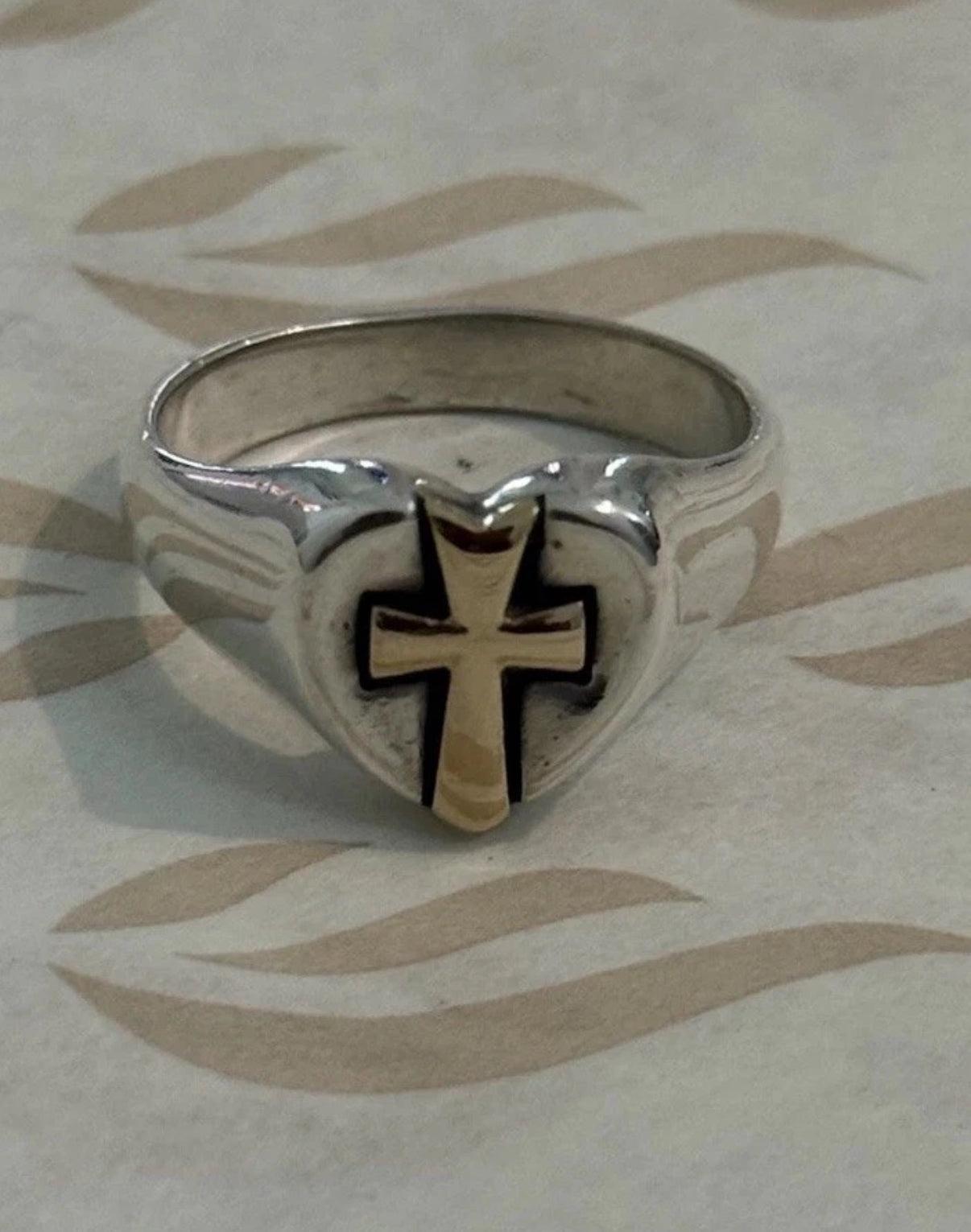Pre-Owned James Avery Retired 14k Gold and Sterling Silver Heart With Cross Ring Size 7