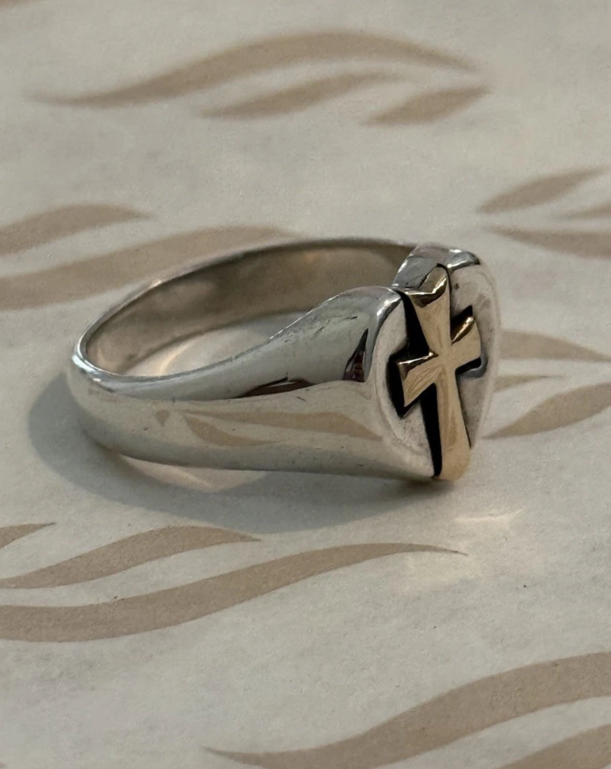 Pre-Owned James Avery Retired 14k Gold and Sterling Silver Heart With Cross Ring Size 7