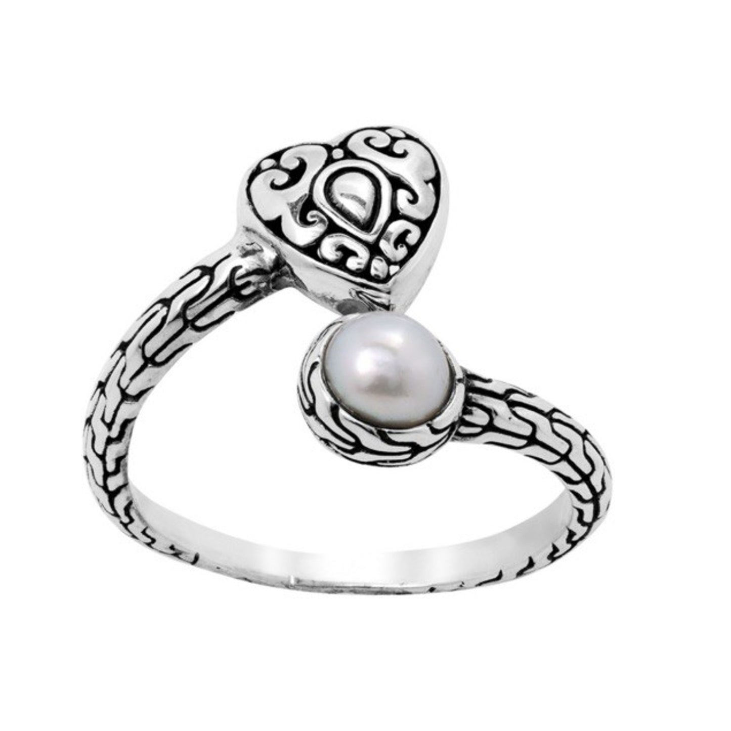 Vintage Main And Sterling Silver 925 Filigree Heart and Pearl Bypass Ring Sz 7