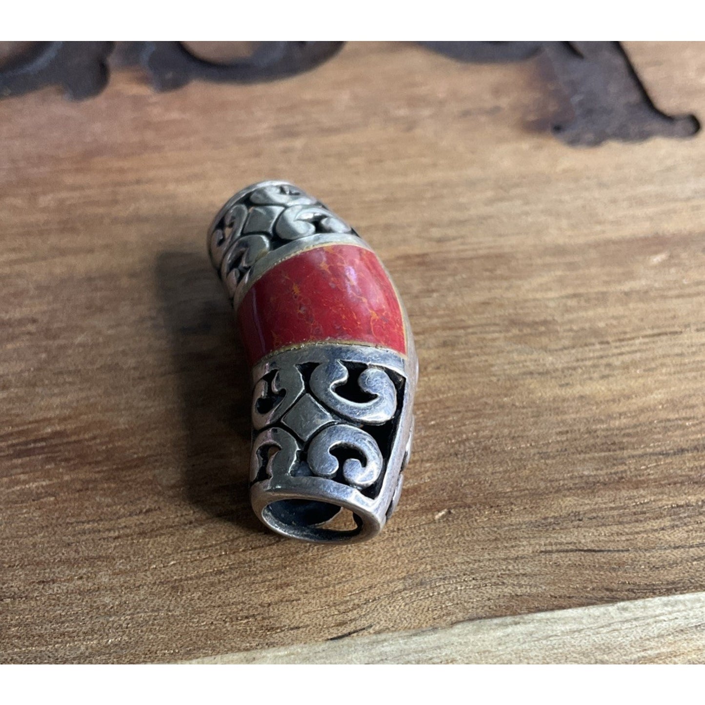 Vintage Sterling Silver Red Stone Curved Tube Filigree Boho artisan jewelry