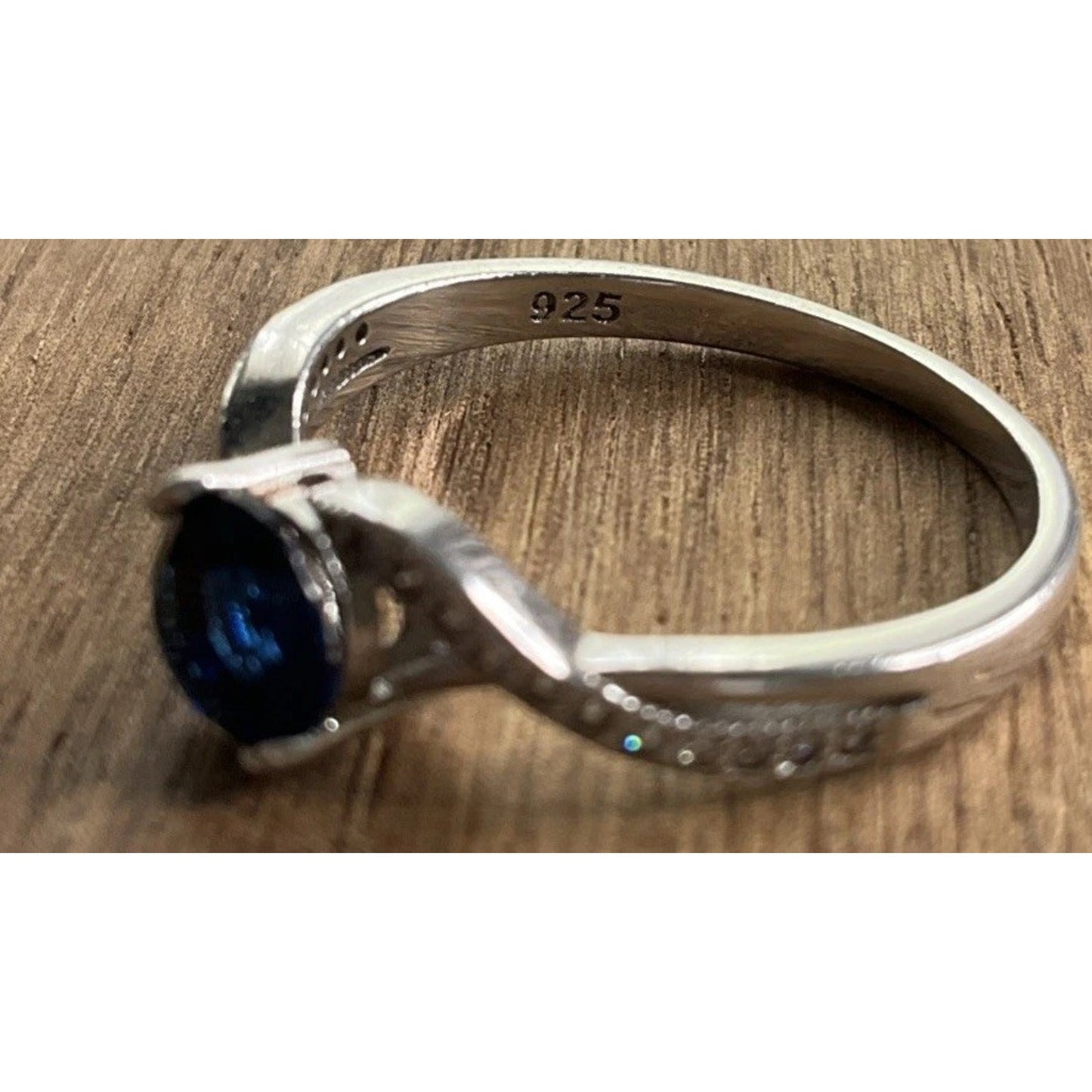Sterling Silver Blue Sapphire Ring Size 8.5 Round Solitaire Halo Twist