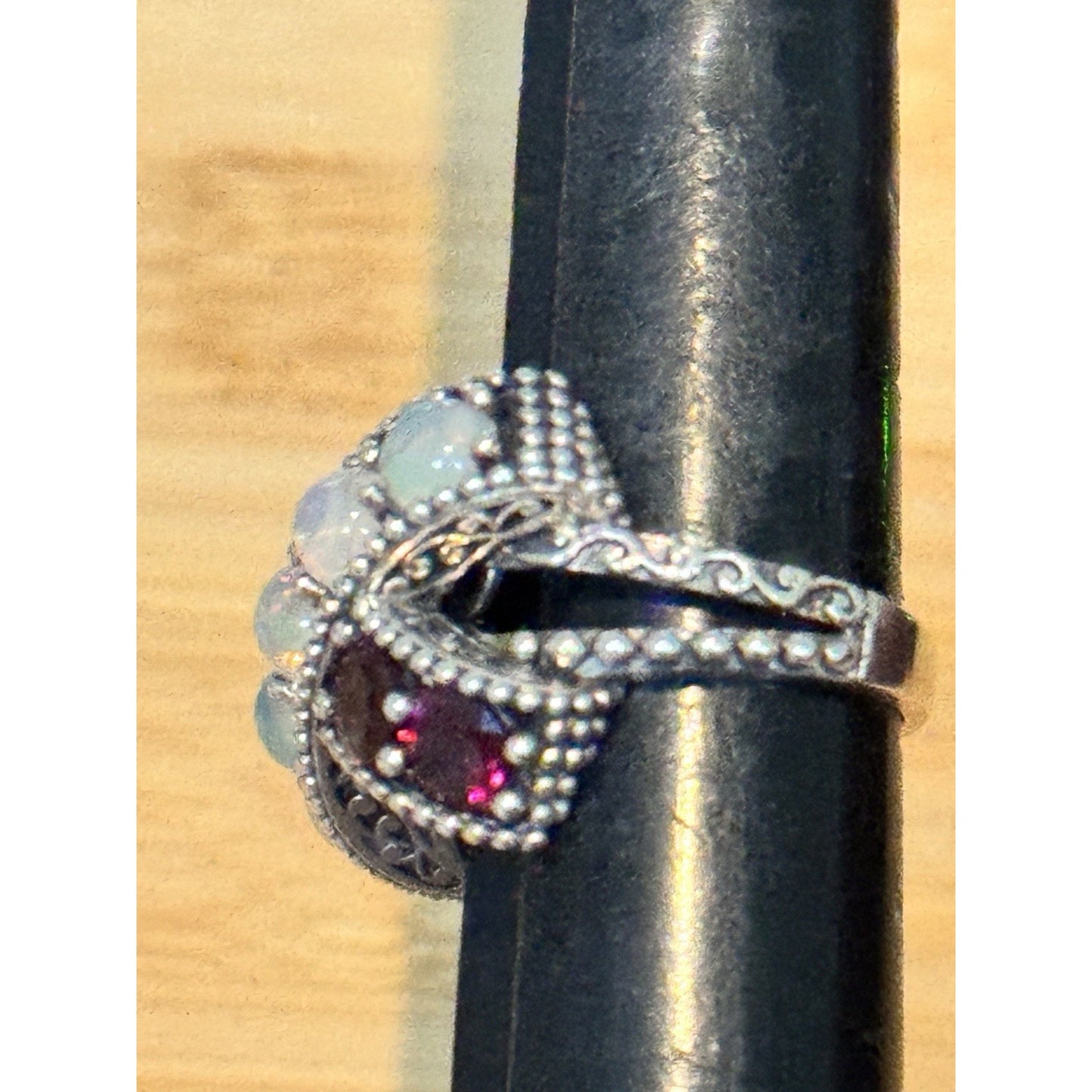 Vintage Sterling Silver Opal & Garnet Statement Ring Boho Bali Ring Size 8.5