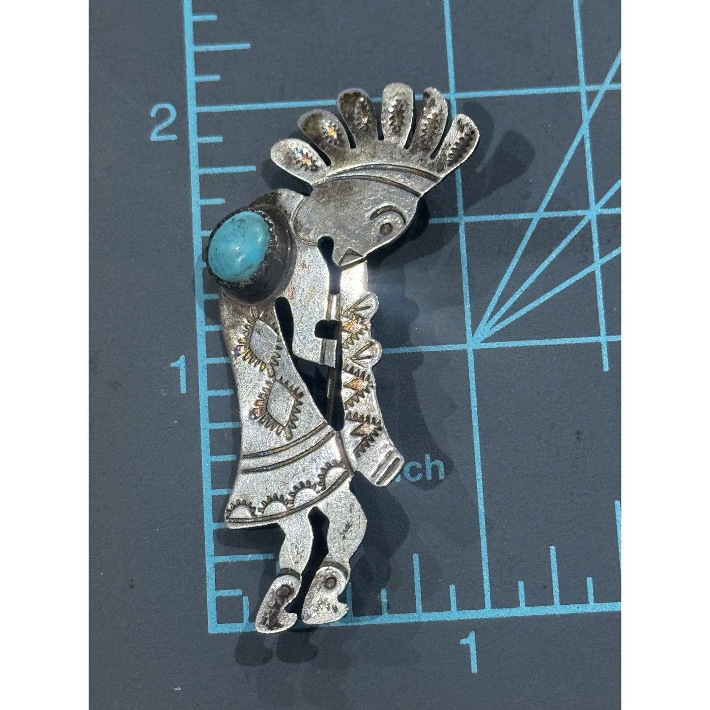 Vintage Bernice Boony Zuni Sterling Silver Kokopelli Turquoise Pin Signed BB