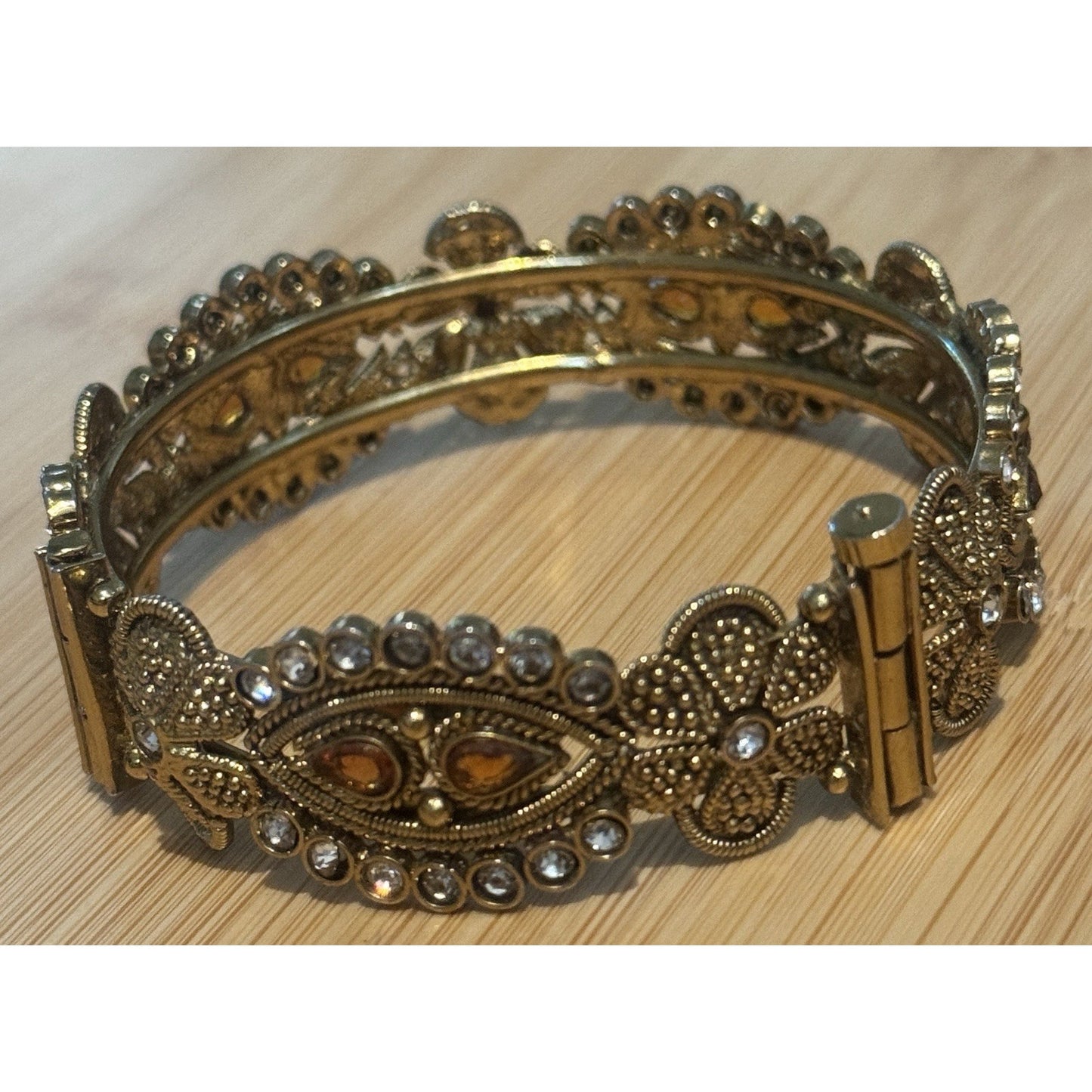 Vintage Etruscan Revival Filigree Rhinestone Amber Glass Bracelet