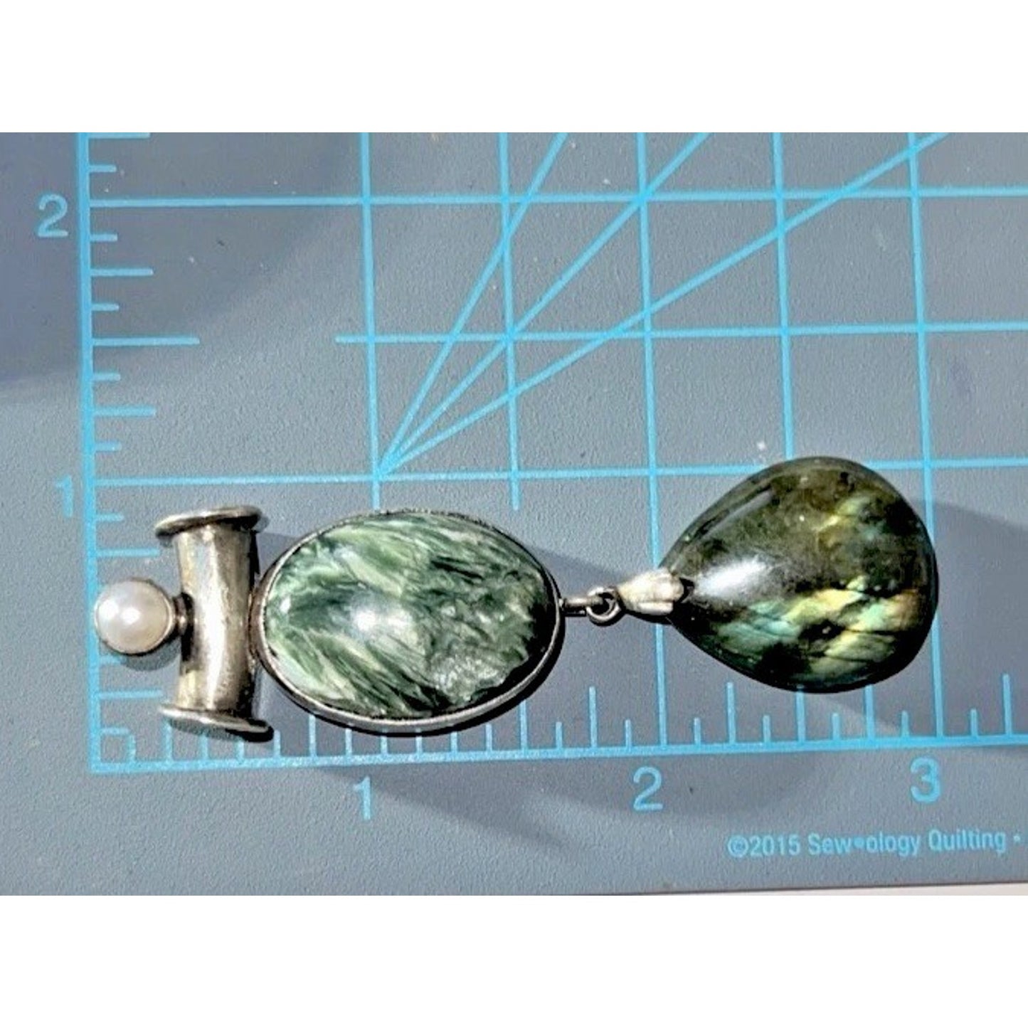 Vintage Sterling Silver Seraphinite Pearl & Obsidian Pendant Modernist 3” 18g