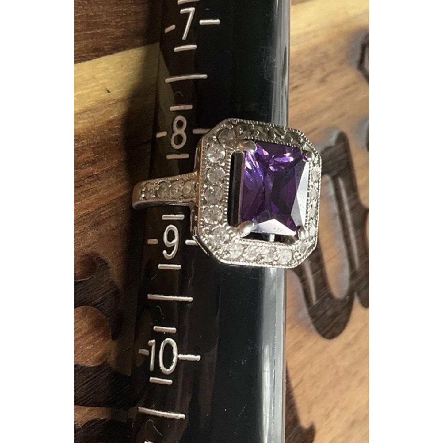 Art Deco FAS 925 Sterling Silver Amethyst CZ Ring Size 8.5 Vintage