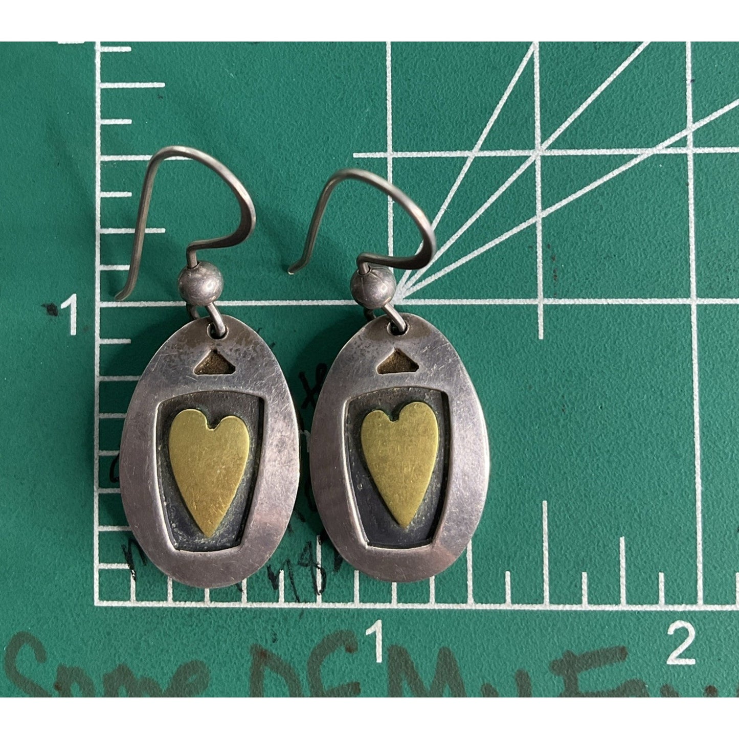 Vintage Two Tone Heart Sterling Silver And Gold Dangle Drop Earrings Signed FF