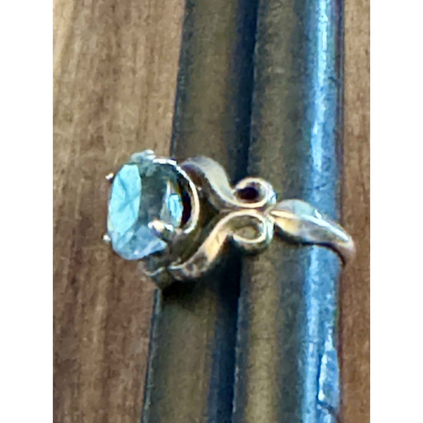 Vintage Kabana Sterling Silver Blue Topaz Scroll Ring Size 7.5 Signed KBN STER
