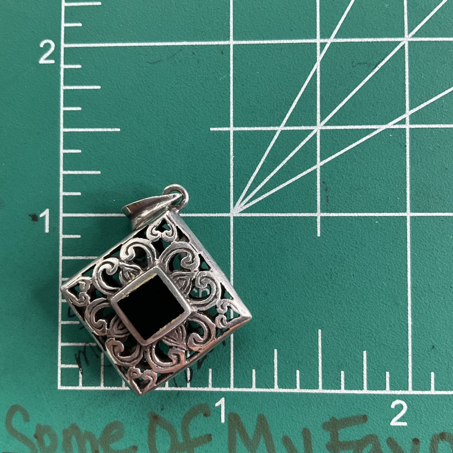 Sterling Silver Black Onyx Filigree Pendant 925 Ornate Square Vintage Style