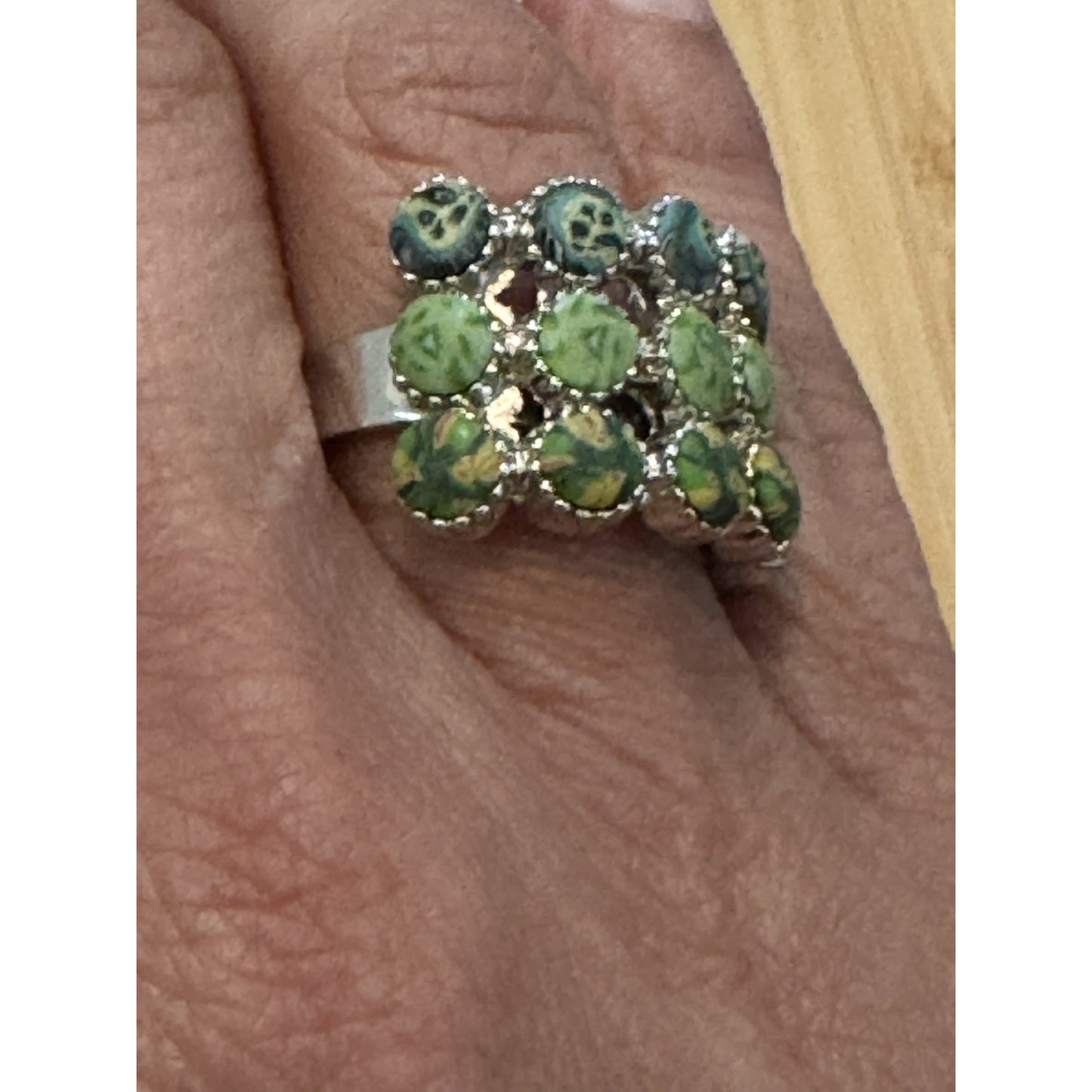 Viva Beads Green Hand Painted Statement Ring Silver Tone Wide Band Size 6.75