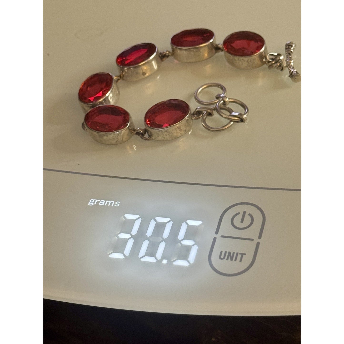 Sterling Silver 925 Orange Red Faceted Quartz Bracelet 30.5g Adjustable Toggle