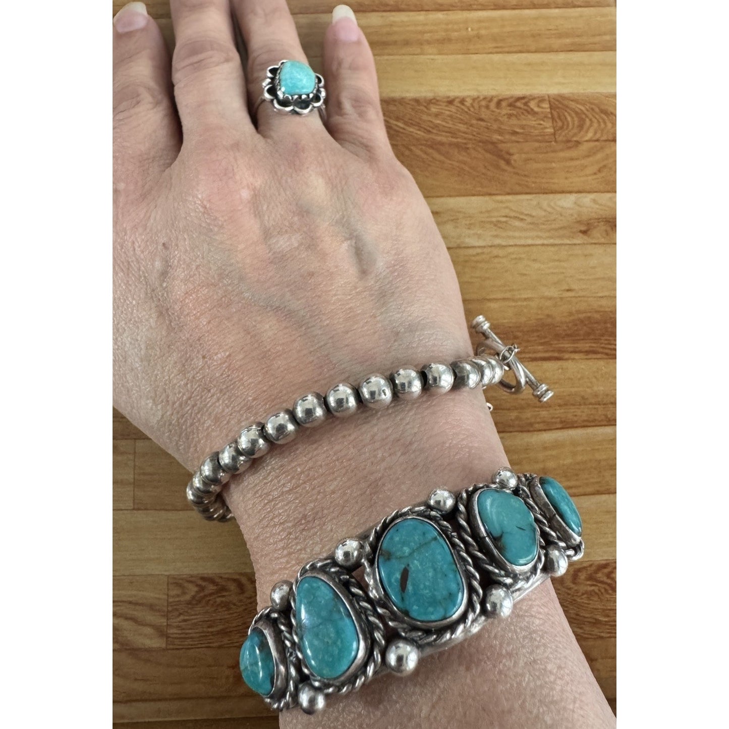 Vintage Sterling Silver Navajo Pearl Style Bead Bracelet 7.25” Toggle Clasp 17g