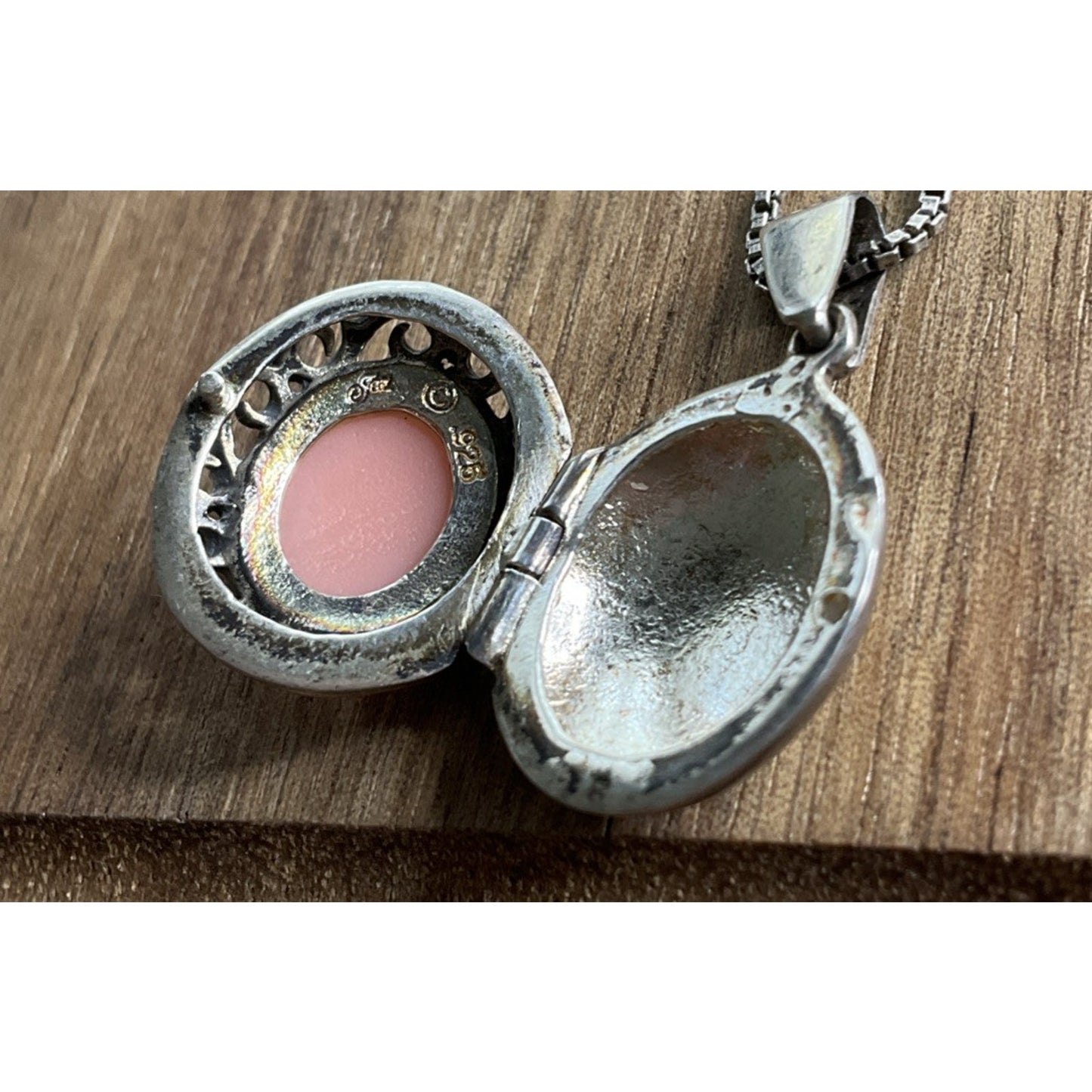 Vintage Sterling Silver Pink Cameo Lady Portrait Oval 925 Pendant Necklace