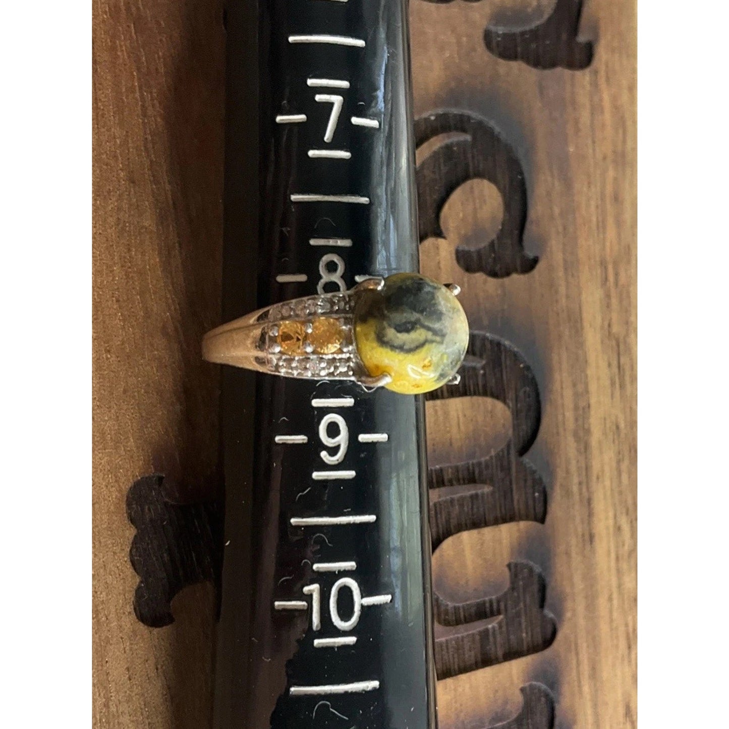 Vintage Bumblebee Jasper Yellow Green Cabochon Sterling Silver Ring Size 8.5