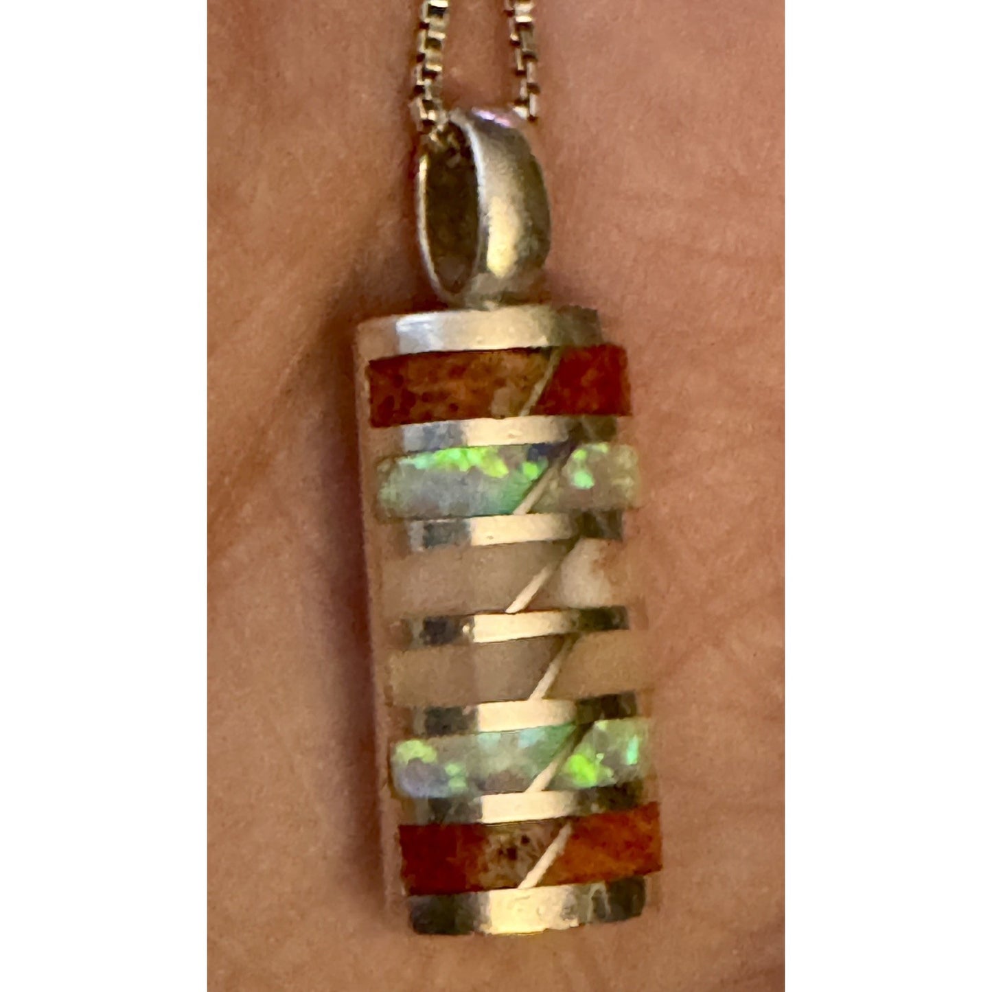 Southwestern Inlay Native Sterling Pendant Opal Jasper Shell MOP w 925 Necklace