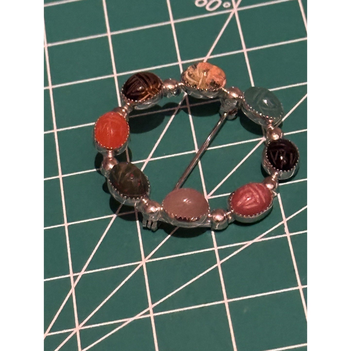 Vintage Sterling Silver Multi Stone Brooch Carnelian Tiger Eye Jasper Aventurine