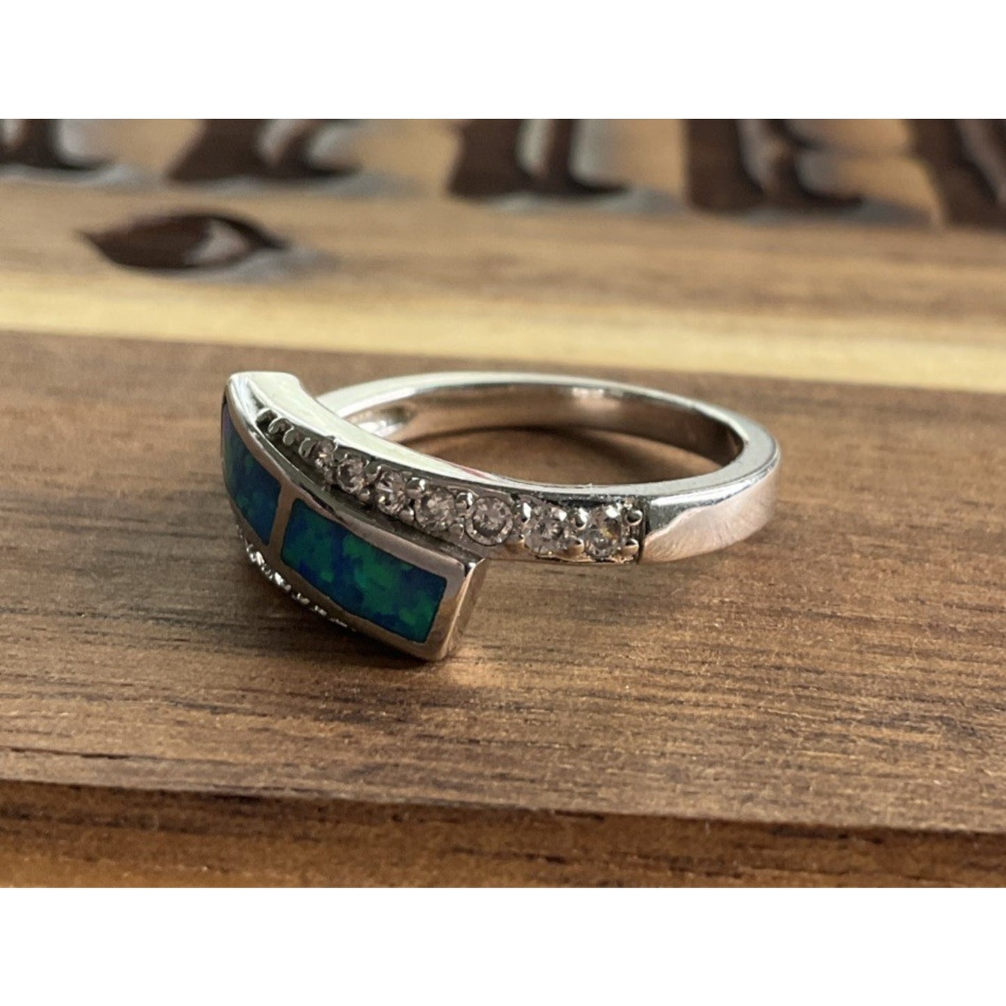 Sterling Silver Blue Opal Inlay Ring Size 6 CZ Accent Wrap Ring